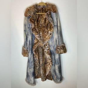 Fur and Suede Long Bell Sleeve Collar Reversible Luxury Coat with Pockets M/L